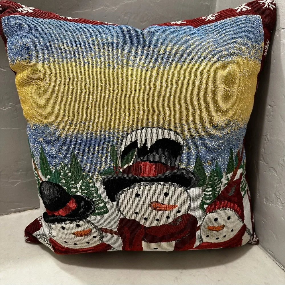Christmas Tapestry Fabric Pillow Winter Snowman Family Double Sided 18x18